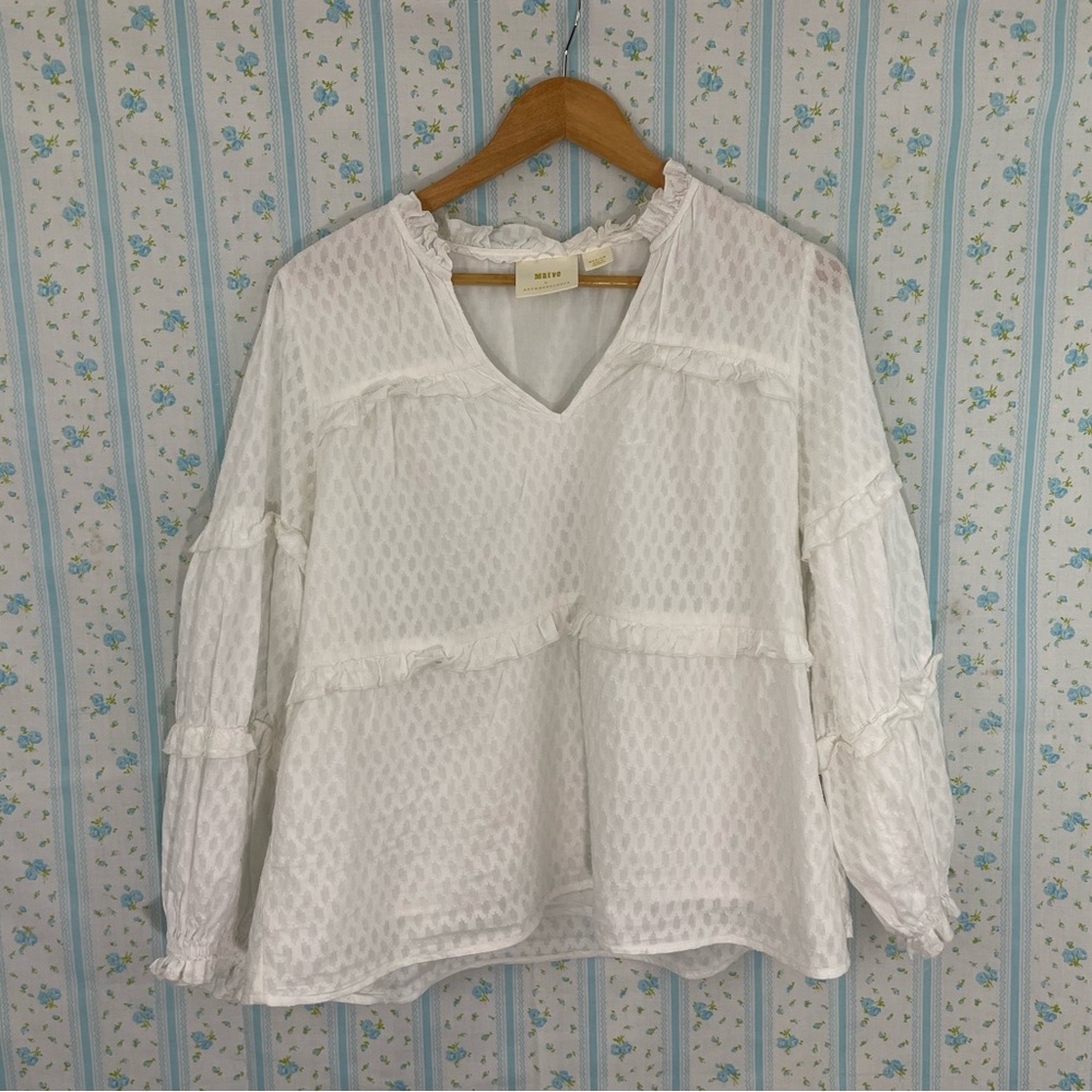 Anthropologie White V-neck Long Sleeve Blouse with Ruffled Relaxed Style